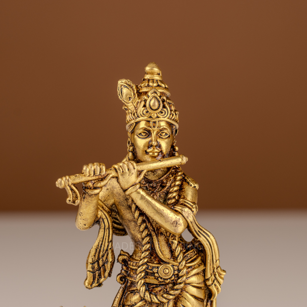 Pure Brass Krishna Murti / Flute Playing Krishna with Cow Statue - 4.75 Inch