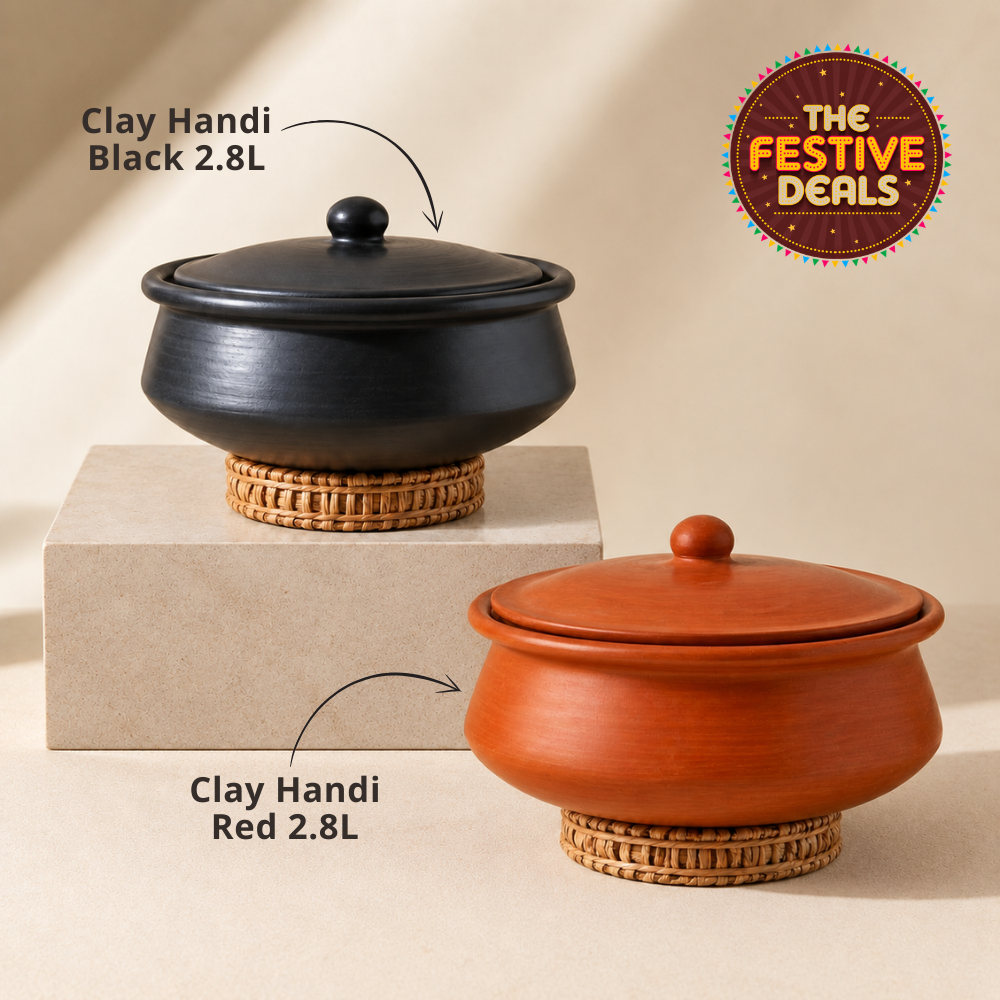 Unglazed Clay Handi / Earthen Kadai / Clay Pots Combo for Cooking &amp; Serving with Lids – 2.8L Black &amp; 2.8L Red (Natural Firing Shade &amp; Mirror Shine) + FREE Ash for Cleaning