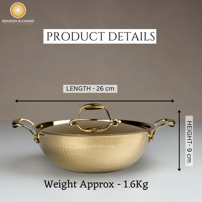 Swadeshi Blessings Exclusive Range Brass Kadai for Cooking, with Lid/Teflon-Free/Naturally Non-Stick Brass Utensils with Tin Coating
