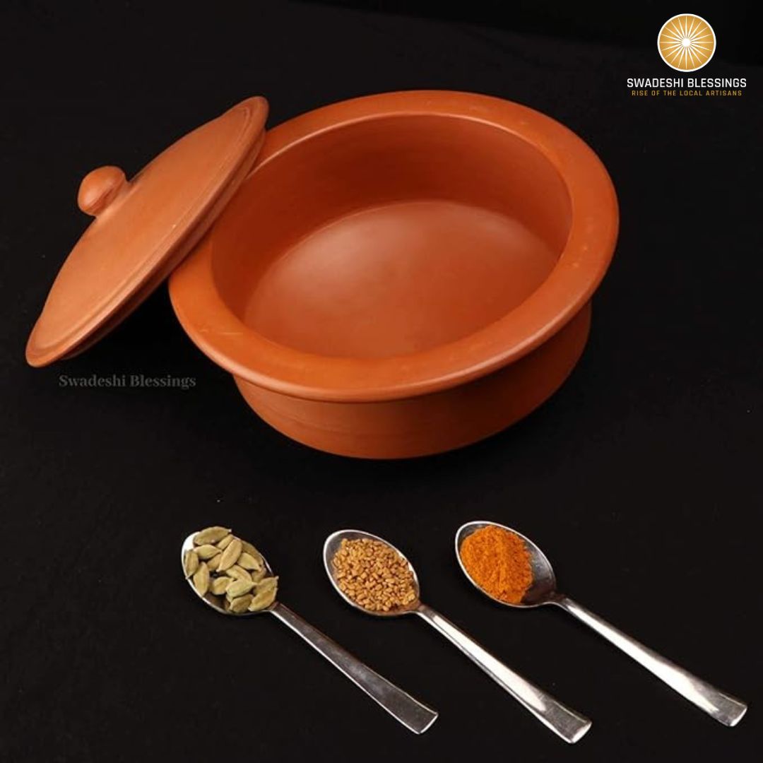 Unglazed Clay Handi/ Handmade Earthen Kadai/ Mitti Bhagona / Clay Pot For Cooking &amp; Serving with Lid, 2.5Liters (With Natural White Firing Shade &amp; Mirror Shine)
