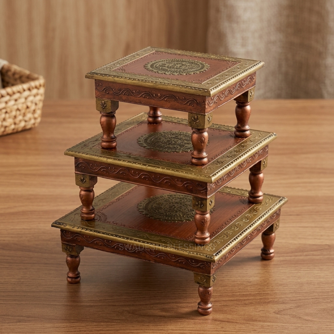 Wooden Pooja Chowki Set of 3, Mandir Wooden Stool, Pooja Aasan for Home Mandir/Pooja Ghar/Prayer Room