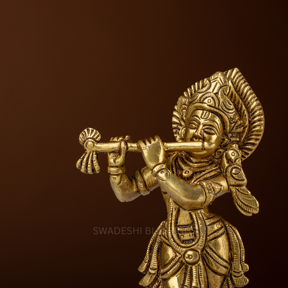 Pure Brass Krishna Murti / Flute Playing Krishna Statue - 6.5 Inch