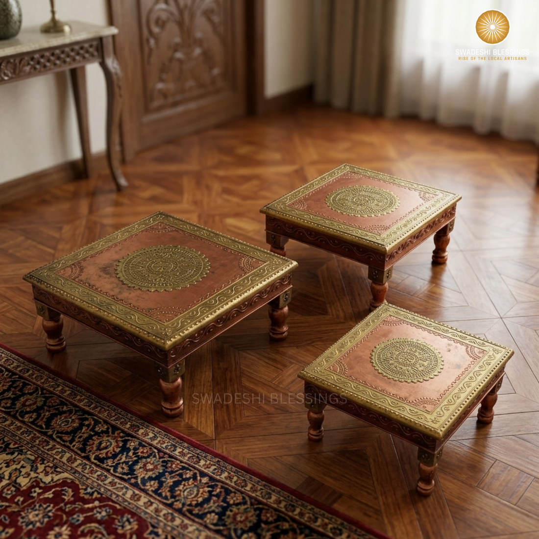 Wooden Pooja Chowki Set of 3, Mandir Wooden Stool, Pooja Aasan for Home Mandir/Pooja Ghar/Prayer Room
