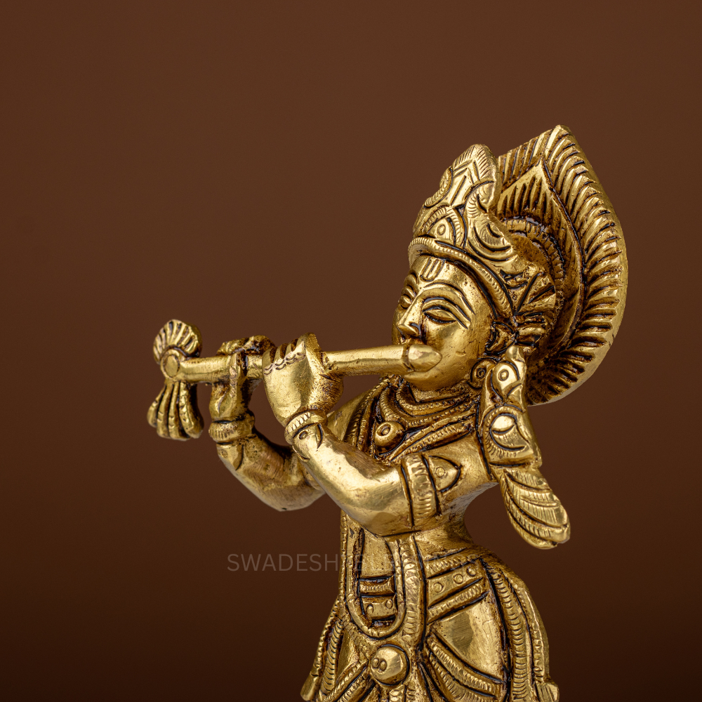 Pure Brass Krishna Murti / Flute Playing Krishna Statue - 6.5 Inch