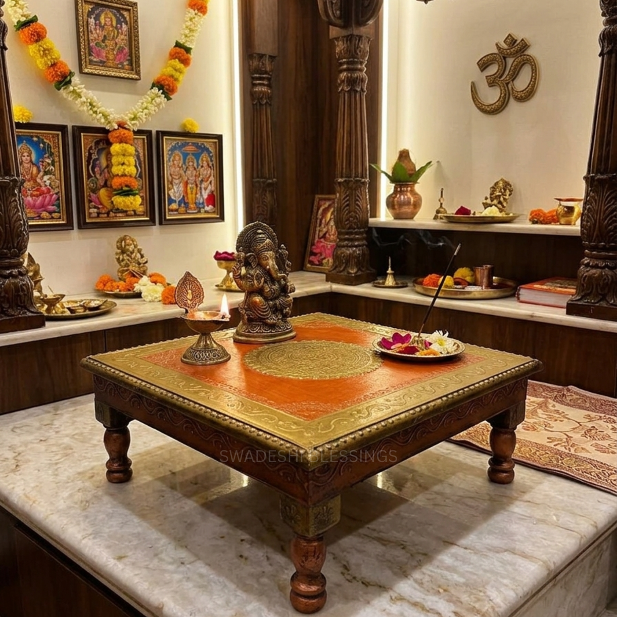 Wooden Pooja Chowki Set of 3, Mandir Wooden Stool, Pooja Aasan for Home Mandir/Pooja Ghar/Prayer Room