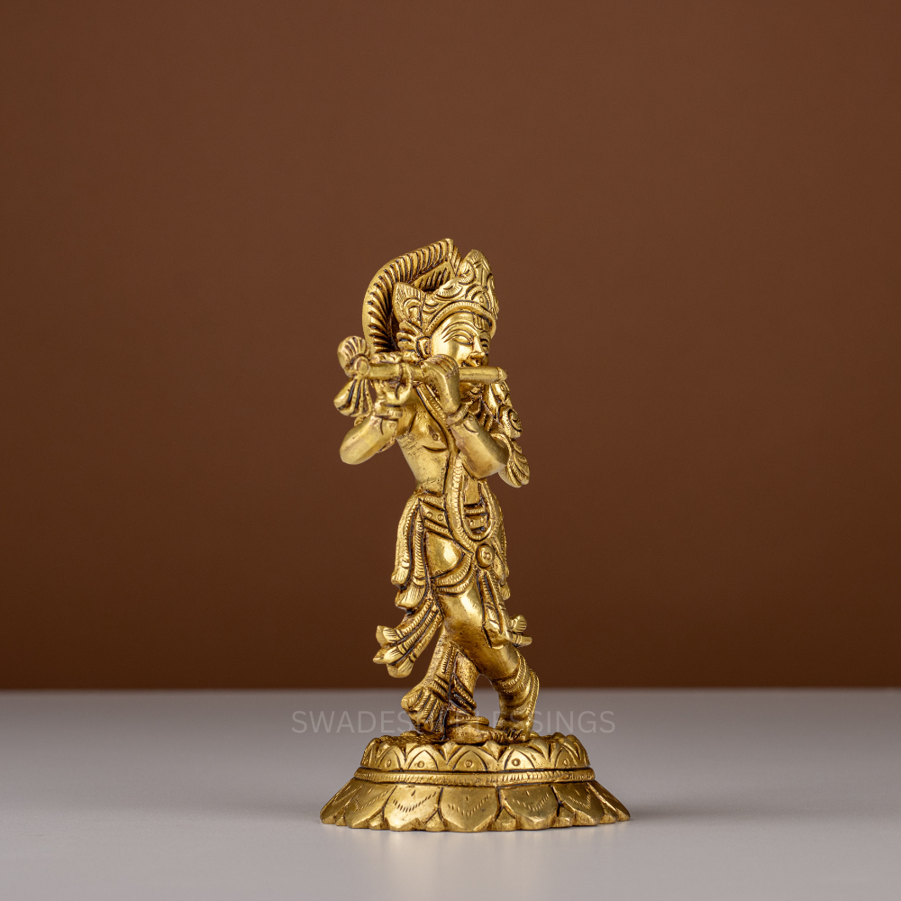 Pure Brass Krishna Murti / Flute Playing Krishna Statue - 6.5 Inch