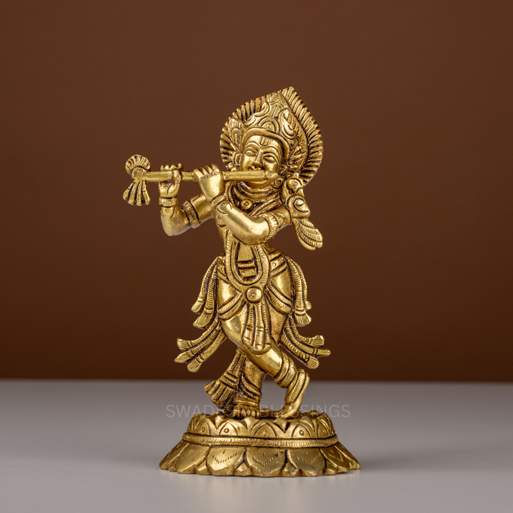 Pure Brass Krishna Murti / Flute Playing Krishna Statue - 6.5 Inch