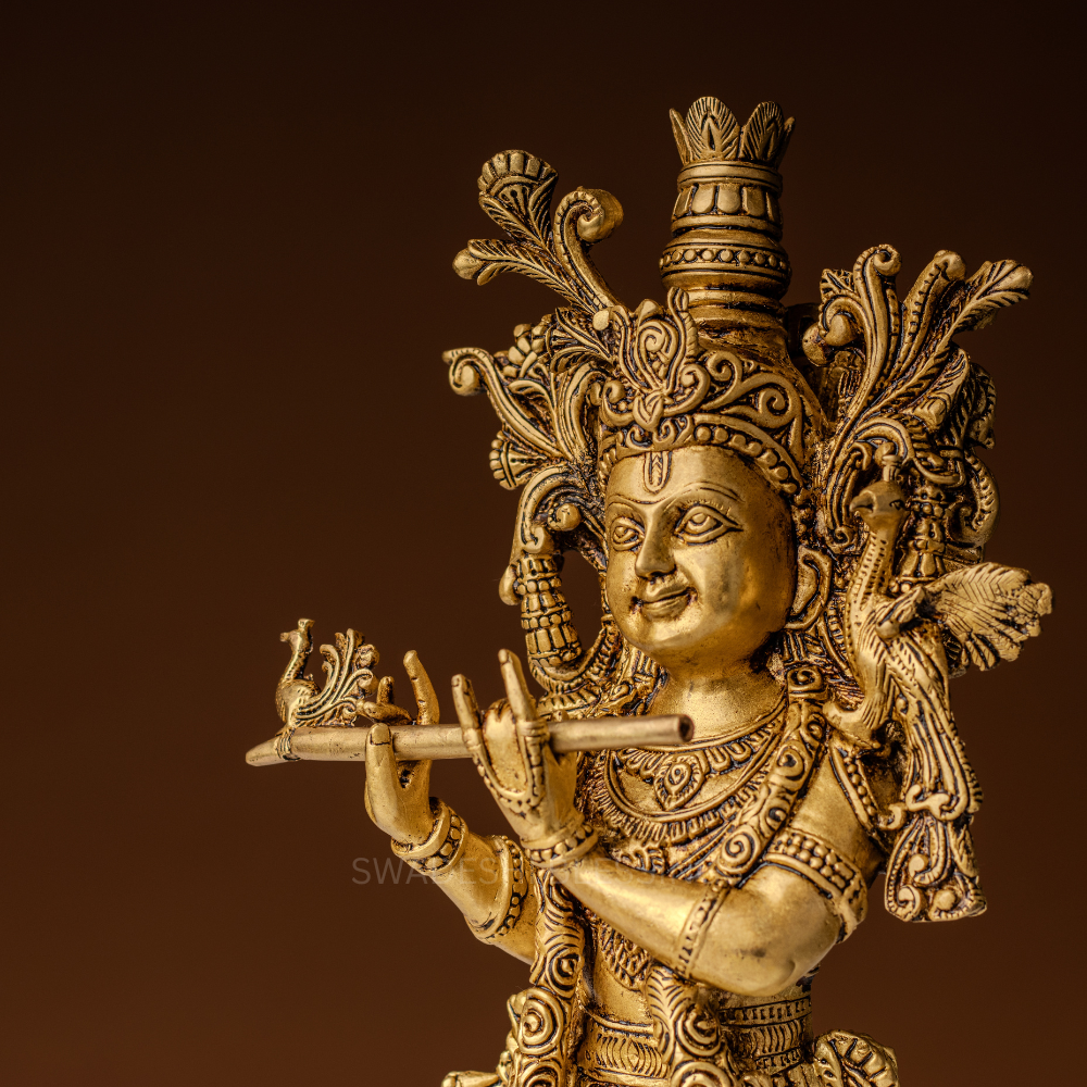 Pure Brass Krishna Murti / Flute Playing Krishna Statue - 15.5 Inch