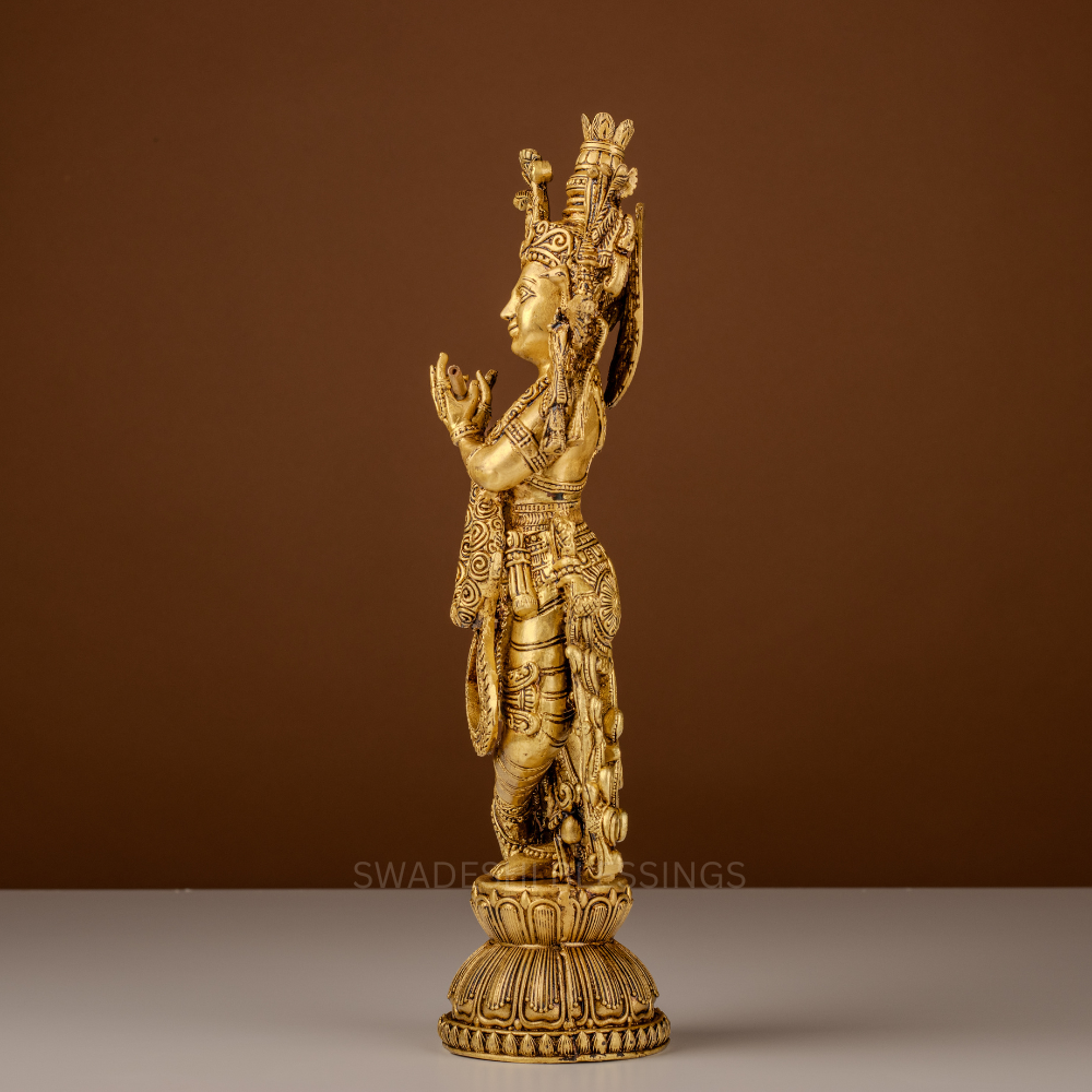 Pure Brass Krishna Murti / Flute Playing Krishna Statue - 15.5 Inch