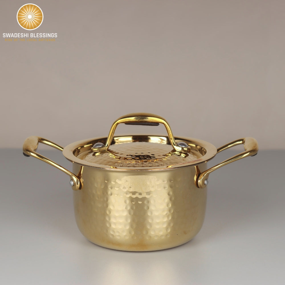 Swadeshi Blessings Exclusive Range Brass Bhagona for Cooking, with Lid/Teflon-Free/Naturally Non-Stick Brass Utensils with Tin Coating