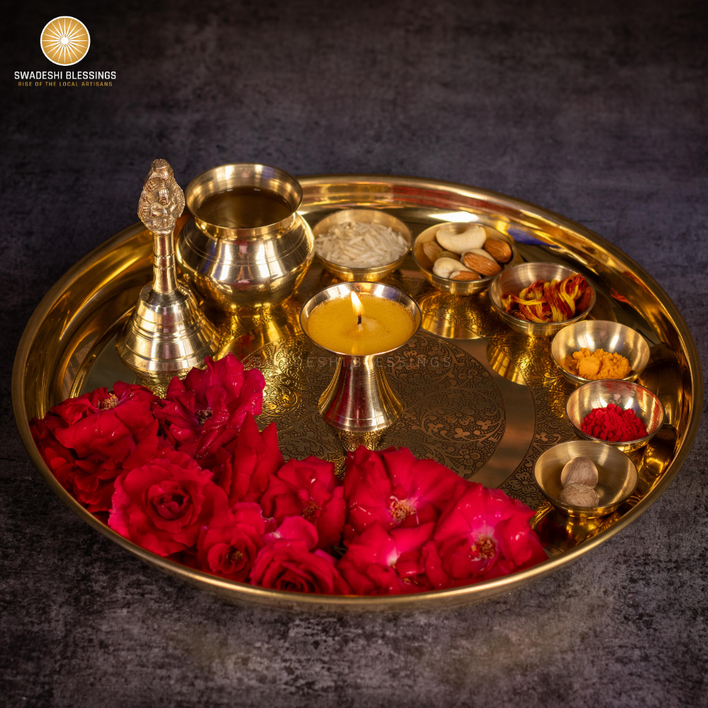 SWADESHI BLESSINGS Vintage Brass Pooja Thali Set-12Inch(10Pcs)/Indian Puja Thali Set/Aarti Thali/Temple Decor/Pooja Decoration/Return Gifts/HouseWarming Gifts