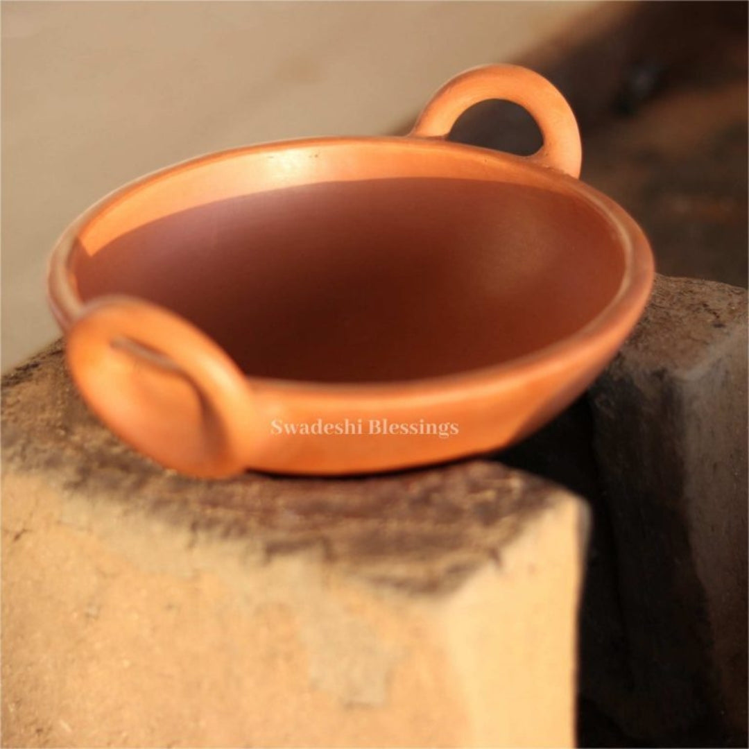 Unglazed Clay Kadai/ Mitti ka Bartan/ Earthen Kadai for Cooking, 1.8Liters (with Natural Firing Shade & Mirror Shine) + Free ASH for Cleaning