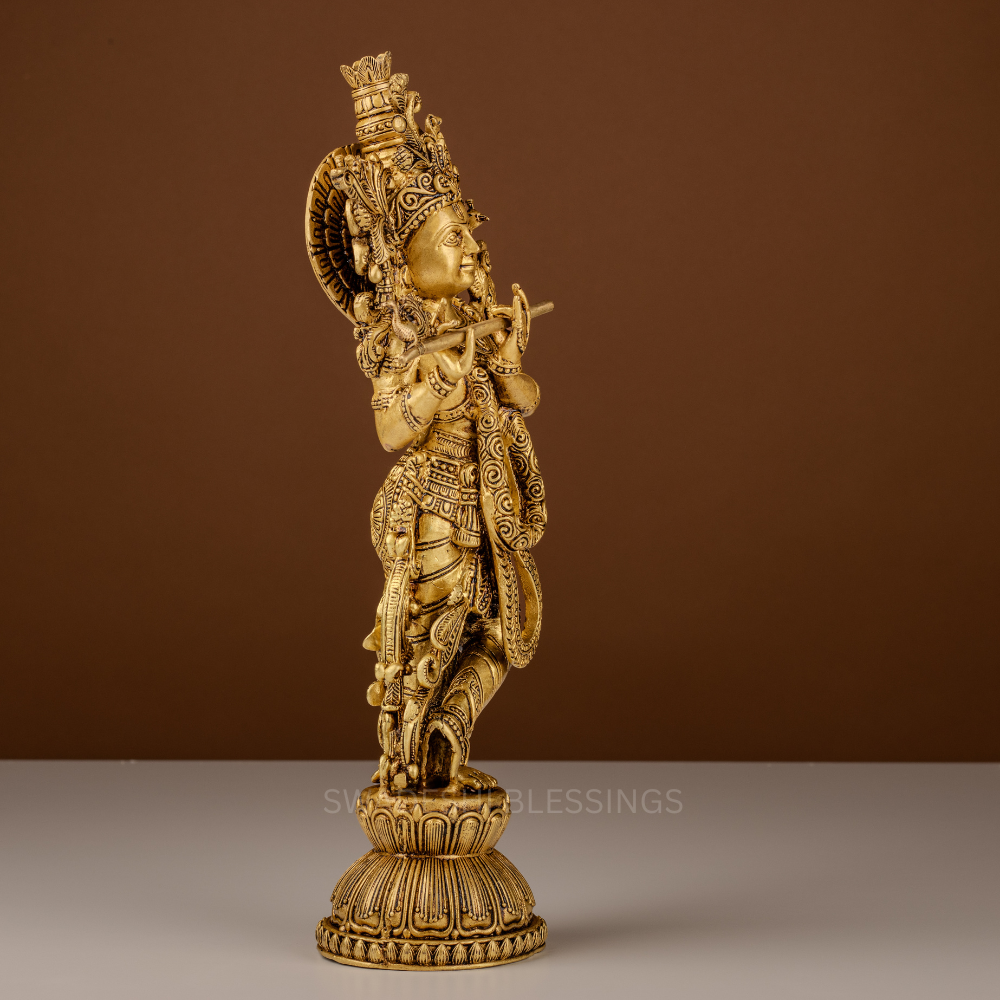Pure Brass Krishna Murti / Flute Playing Krishna Statue - 15.5 Inch