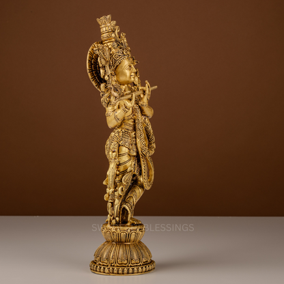 Pure Brass Krishna Murti / Flute Playing Krishna Statue - 15.5 Inch