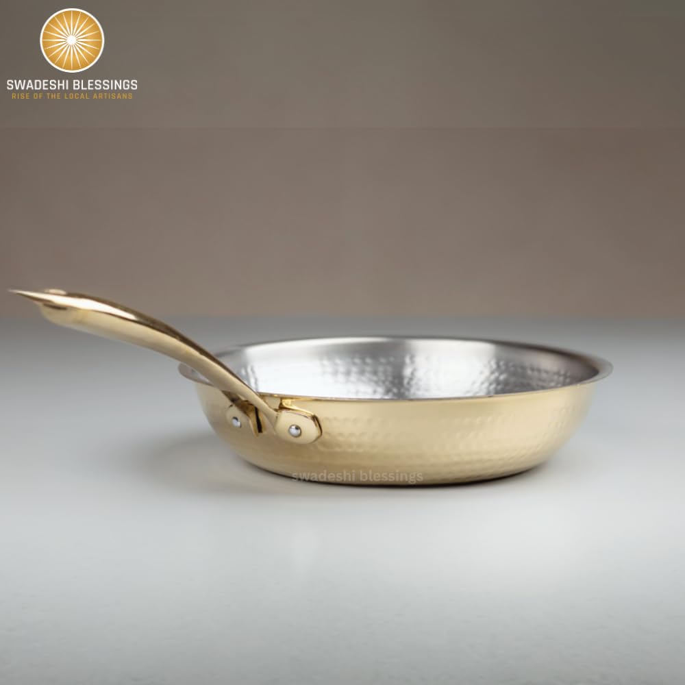 Swadeshi Blessings Exclusive Range Brass Frying Pan for Cooking, without Lid/Teflon-Free/Naturally Non-Stick Brass Utensils with Tin Coating