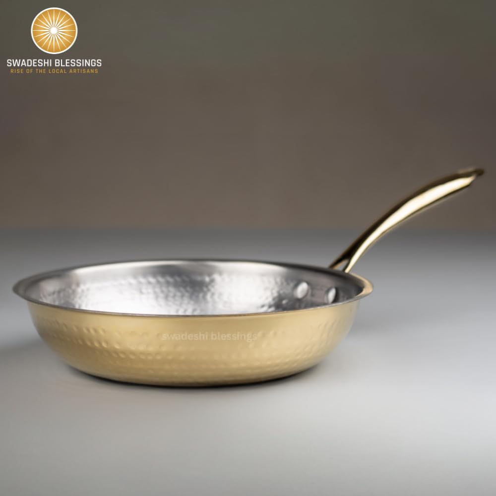 Swadeshi Blessings Exclusive Range Brass Frying Pan for Cooking, without Lid/Teflon-Free/Naturally Non-Stick Brass Utensils with Tin Coating