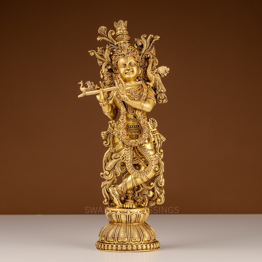 Pure Brass Krishna Murti / Flute Playing Krishna Statue - 15.5 Inch