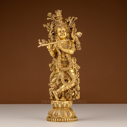 Pure Brass Krishna Murti / Flute Playing Krishna Statue - 15.5 Inch