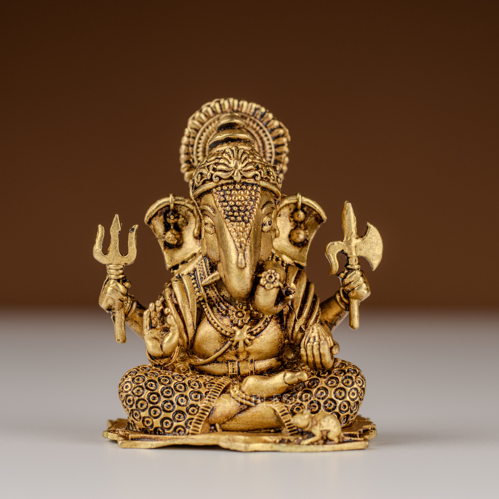 Pure Brass Ganesha Murti / Brass Ganesh Statue with Trishul - 2.75 Inch