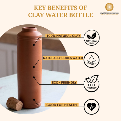 Swadeshi Blessings HandMade Clay Water Bottle, 1L/100% Eco-Friendly Earthen Water Tumbler/Indian Traditional Water Dispenser/Terracotta Water Jug/Clay Tumbler