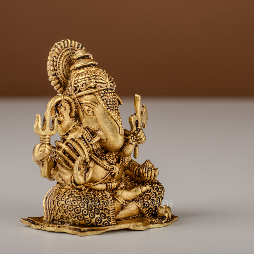 Pure Brass Ganesha Murti / Brass Ganesh Statue with Trishul - 2.75 Inch