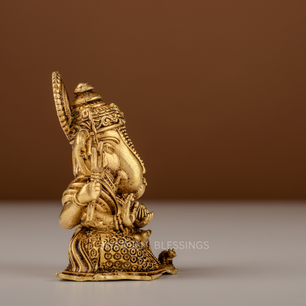 Pure Brass Ganesha Murti / Brass Ganesh Statue with Trishul - 2.75 Inch