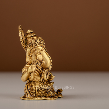 Pure Brass Ganesha Murti / Brass Ganesh Statue with Trishul - 2.75 Inch