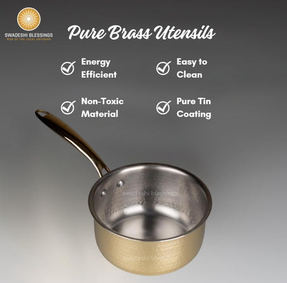 Swadeshi Blessings Exclusive Range Brass Sauce Pan for Cooking, without Lid/Teflon-Free/Naturally Non-Stick Brass Utensils with Tin Coating