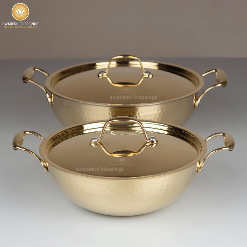 Swadeshi Blessings Exclusive Range Brass Kadai for Cooking, with Lid/Teflon-Free/Naturally Non-Stick Brass Utensils with Tin Coating