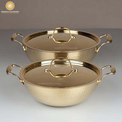 Swadeshi Blessings Exclusive Range Brass Kadai for Cooking, with Lid/Teflon-Free/Naturally Non-Stick Brass Utensils with Tin Coating