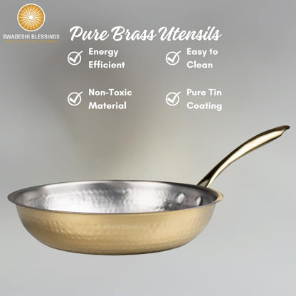 Swadeshi Blessings Exclusive Range Brass Frying Pan for Cooking, without Lid/Teflon-Free/Naturally Non-Stick Brass Utensils with Tin Coating