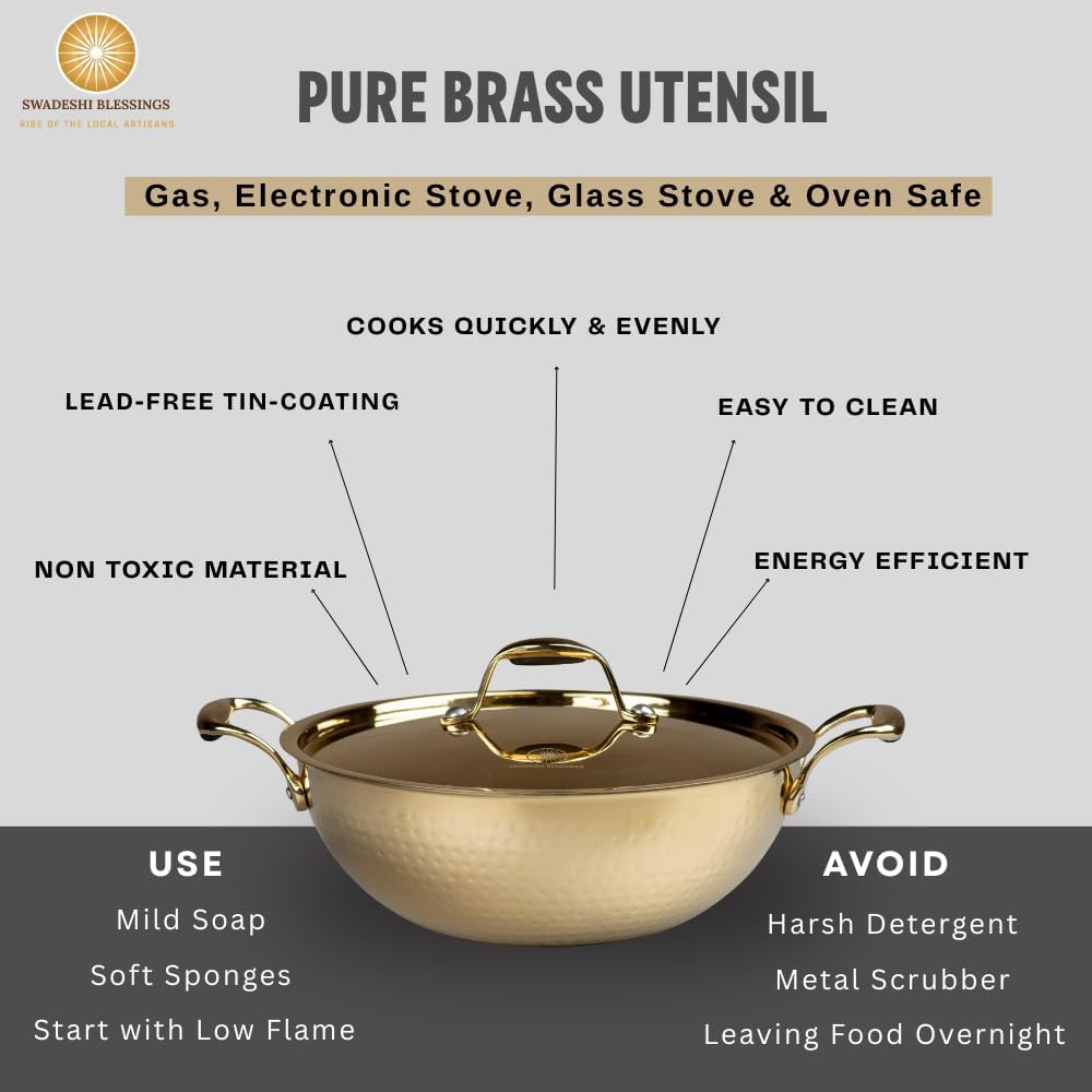 Swadeshi Blessings Exclusive Range Brass Kadai for Cooking, with Lid/Teflon-Free/Naturally Non-Stick Brass Utensils with Tin Coating