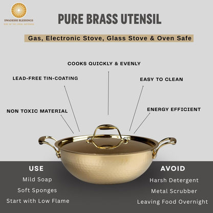 Swadeshi Blessings Exclusive Range Brass Kadai for Cooking, with Lid/Teflon-Free/Naturally Non-Stick Brass Utensils with Tin Coating