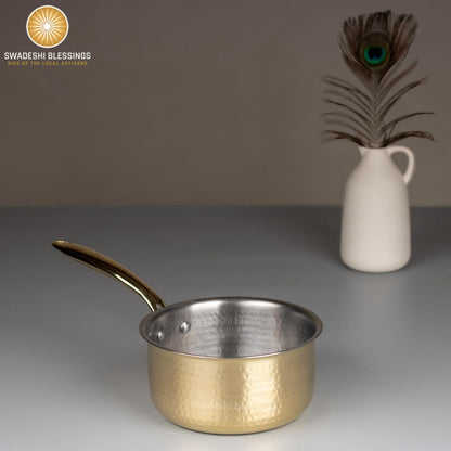 Swadeshi Blessings Exclusive Range Brass Sauce Pan for Cooking, without Lid/Teflon-Free/Naturally Non-Stick Brass Utensils with Tin Coating