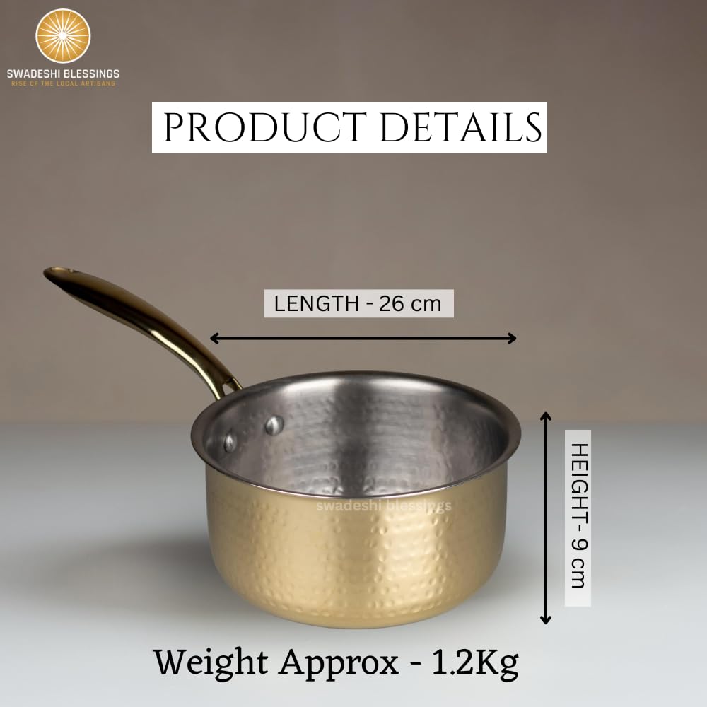 Swadeshi Blessings Exclusive Range Brass Sauce Pan for Cooking, without Lid/Teflon-Free/Naturally Non-Stick Brass Utensils with Tin Coating