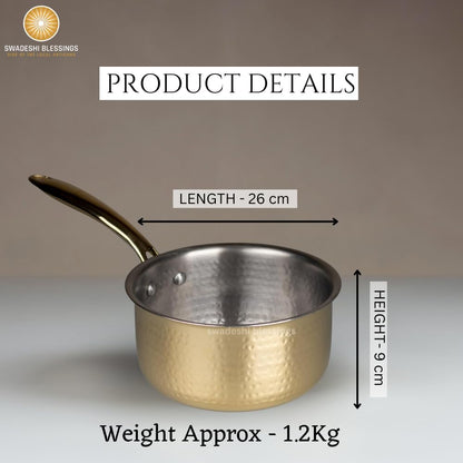 Swadeshi Blessings Exclusive Range Brass Sauce Pan for Cooking, without Lid/Teflon-Free/Naturally Non-Stick Brass Utensils with Tin Coating