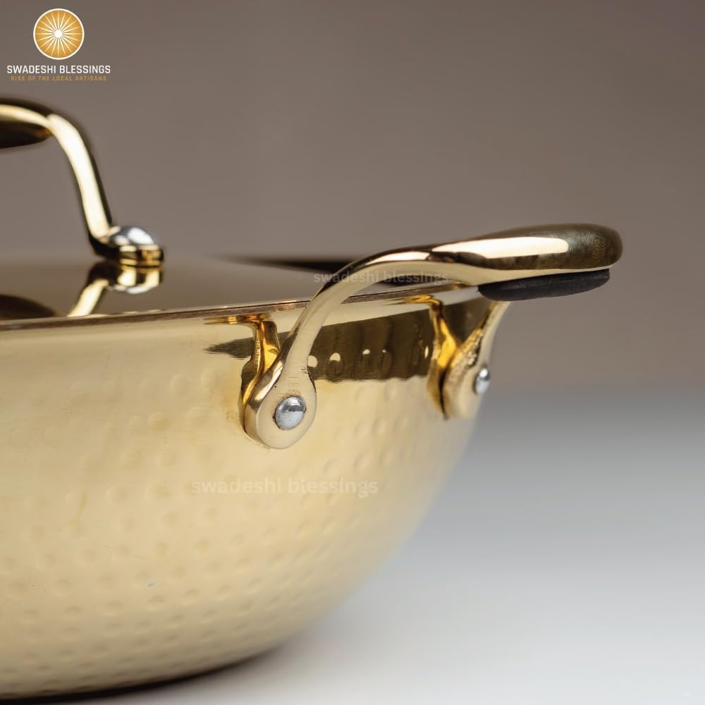 Swadeshi Blessings Exclusive Range Brass Kadai for Cooking, with Lid/Teflon-Free/Naturally Non-Stick Brass Utensils with Tin Coating