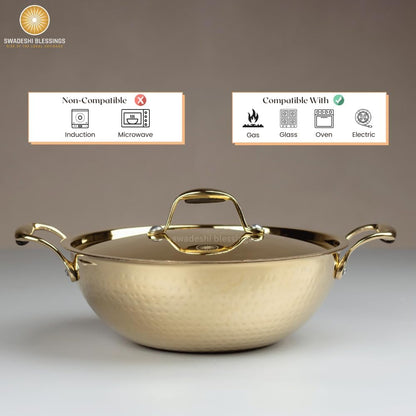 Swadeshi Blessings Exclusive Range Brass Kadai for Cooking, with Lid/Teflon-Free/Naturally Non-Stick Brass Utensils with Tin Coating