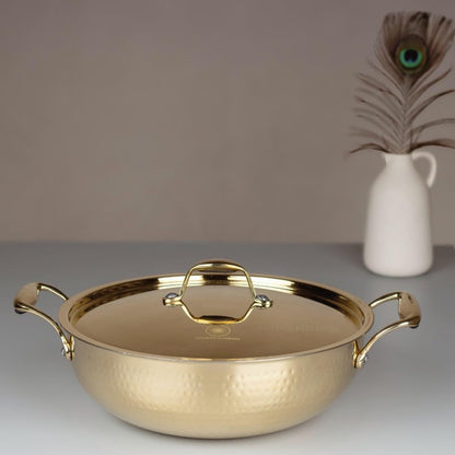 Swadeshi Blessings Exclusive Range Brass Kadai for Cooking, with Lid/Teflon-Free/Naturally Non-Stick Brass Utensils with Tin Coating