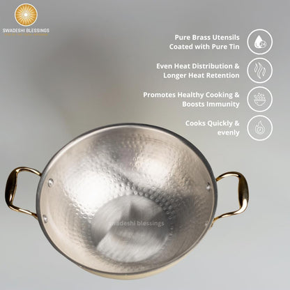 Swadeshi Blessings Exclusive Range Brass Kadai for Cooking, with Lid/Teflon-Free/Naturally Non-Stick Brass Utensils with Tin Coating
