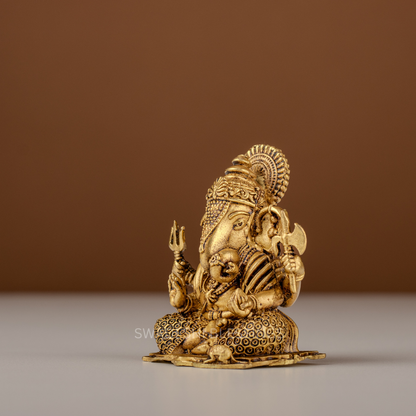 Pure Brass Ganesha Murti / Brass Ganesh Statue with Trishul - 2.75 Inch