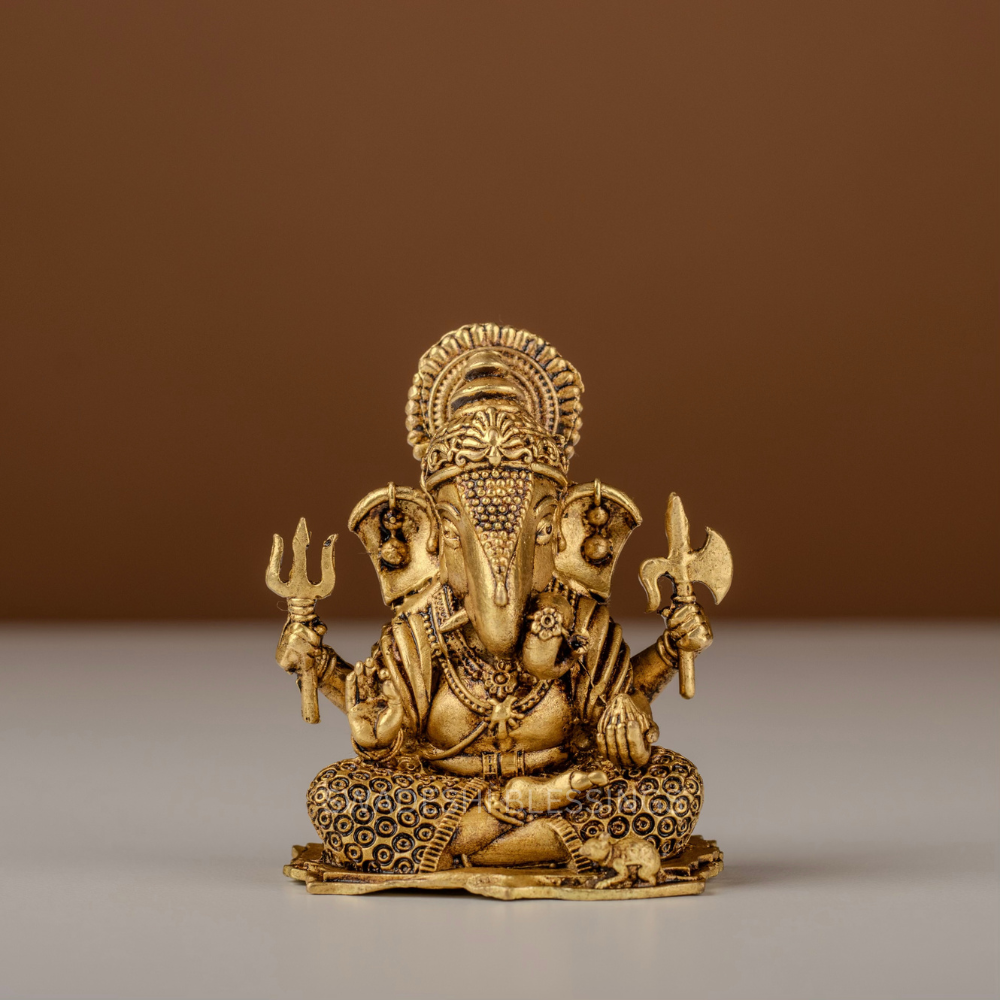 Pure Brass Ganesha Murti / Brass Ganesh Statue with Trishul - 2.75 Inch