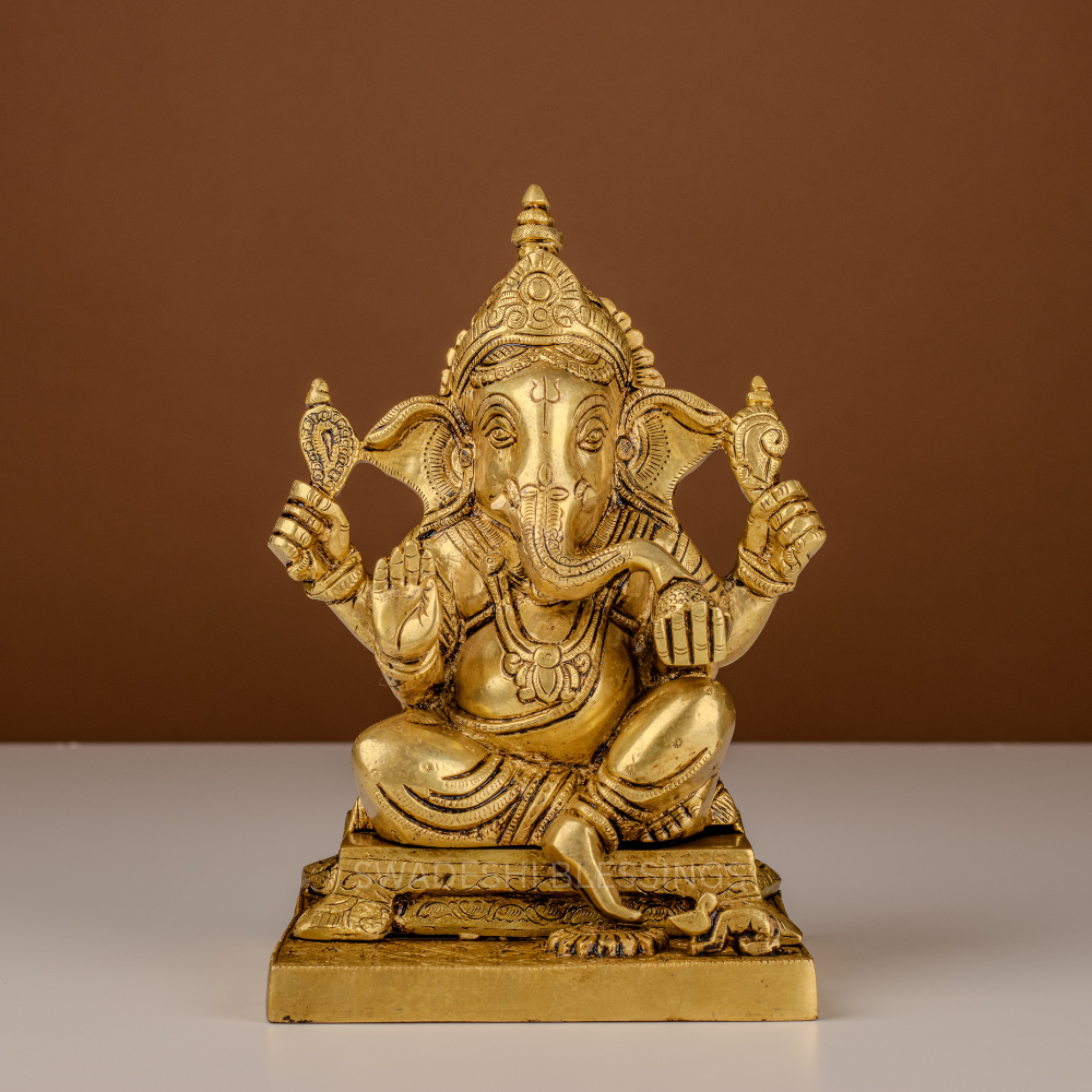 Pure Brass Ganesha Murti / Lord Ganesha Statue - 9 Inch