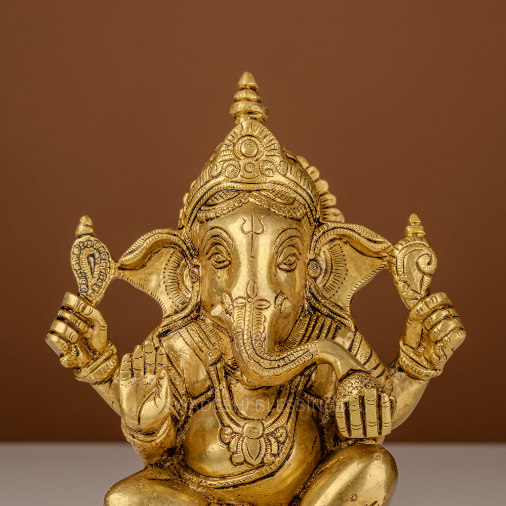 Pure Brass Ganesha Murti / Lord Ganesha Statue - 9 Inch