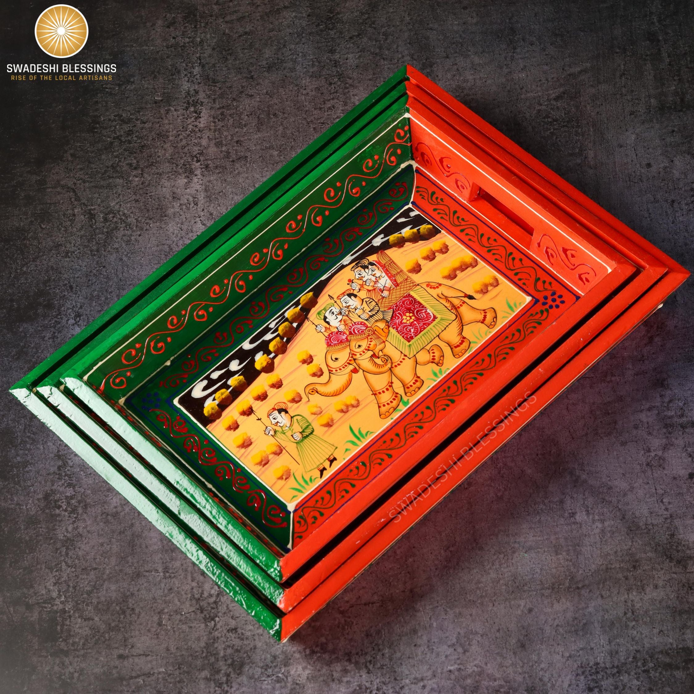 Wooden Tray for Serving- Handcrafted &amp; Hand-Painted for Kitchen/Table &amp; Home Decor/Gifts, (Single Tray) (Orange)