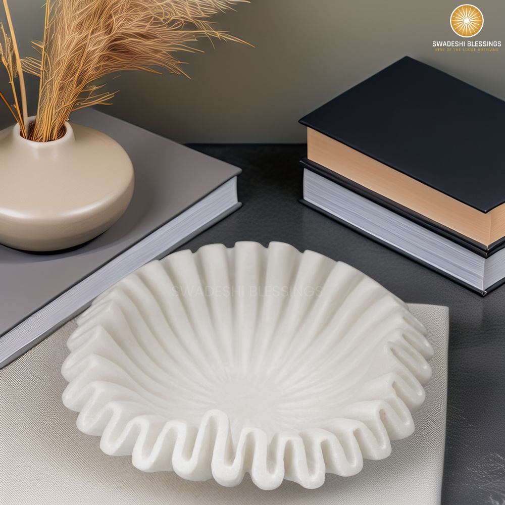 HandCrafted Marble Ruffle Bowl, Large Decorative Bowl for Home Decor, Key Bowl for Entryway Table, Scalloped Bowls for Dining Table Centerpiece Decor, Catch All Bowls, 9&quot;