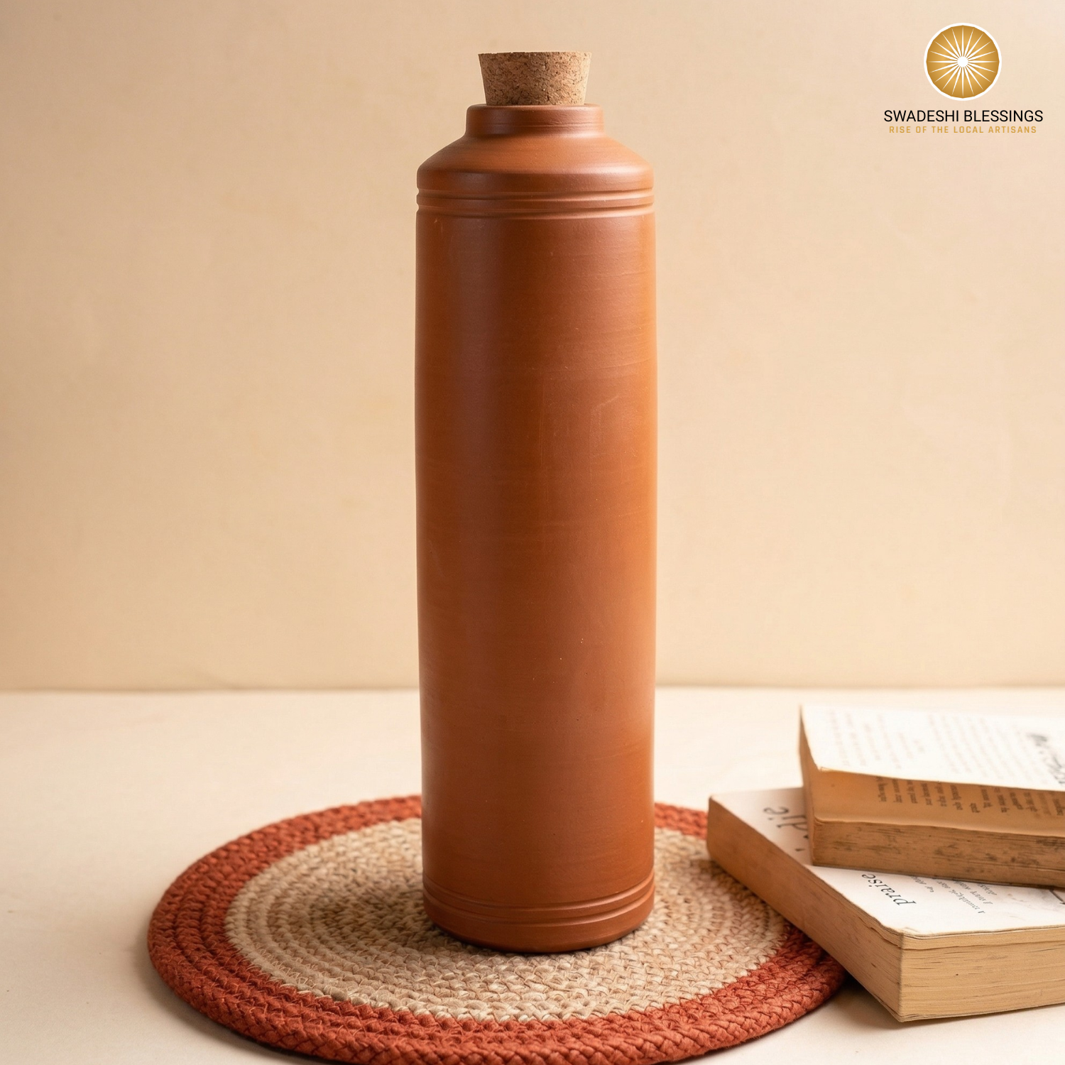 Swadeshi Blessings HandMade Clay Water Bottle, 1L/100% Eco-Friendly Earthen Water Tumbler/Indian Traditional Water Dispenser/Terracotta Water Jug/Clay Tumbler
