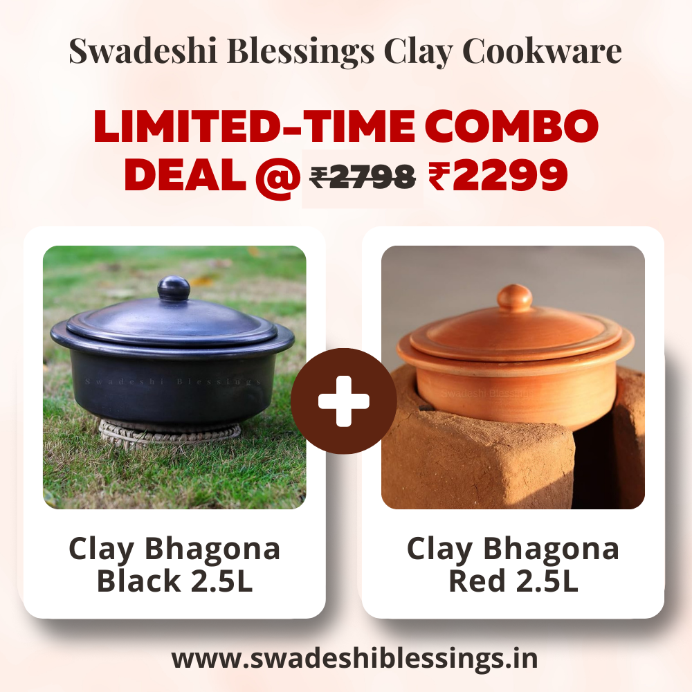 Unglazed Clay Handi / Earthen Bhagona / Clay Pots Combo for Cooking &amp; Serving with Lids – 2.5L Black &amp; 2.5L Red (Natural Firing Shade &amp; Mirror Shine) + FREE Ash for Cleaning