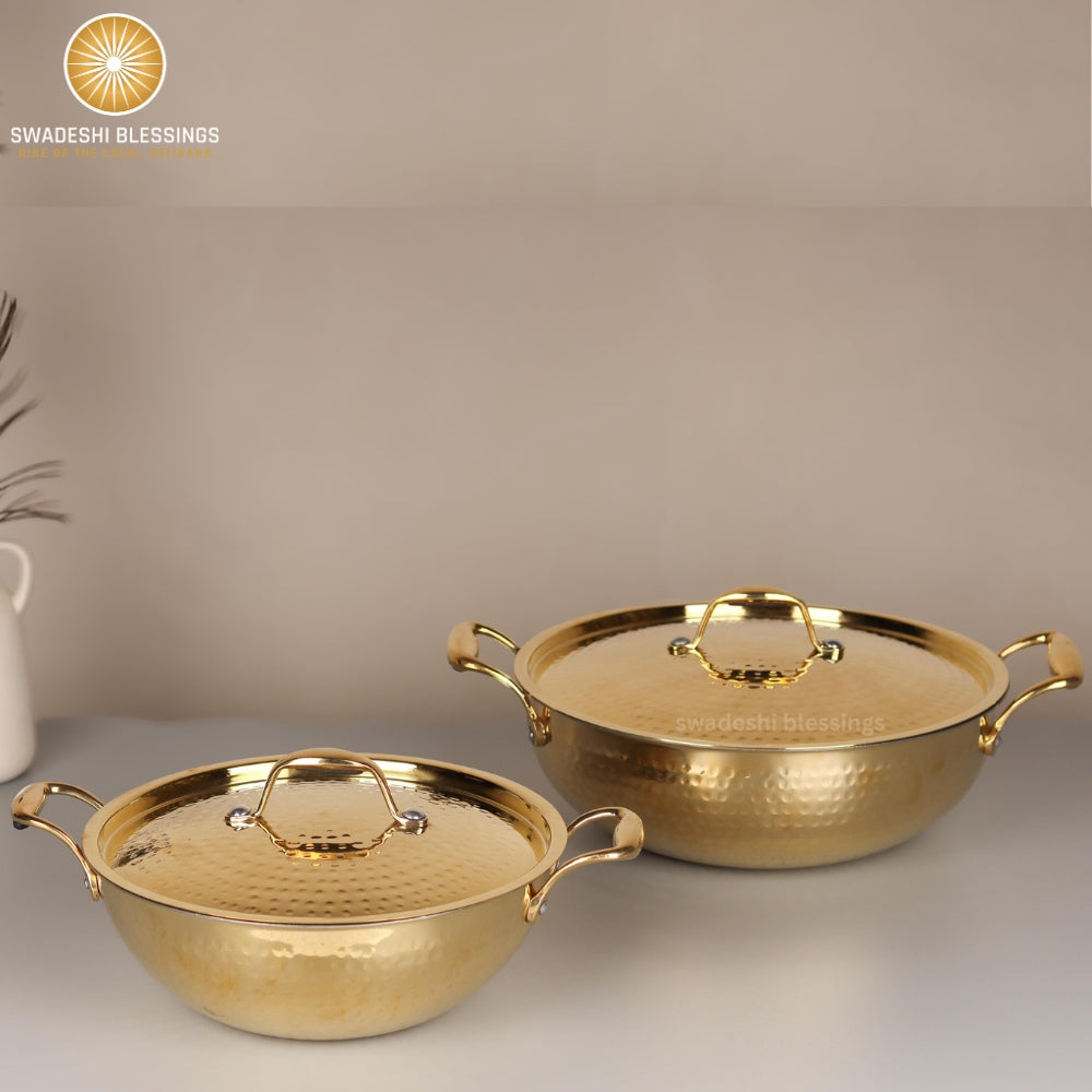 Swadeshi Blessings Exclusive Range Brass Kadai for Cooking, with Lid/Teflon-Free/Naturally Non-Stick Brass Utensils with Tin Coating