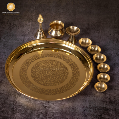 SWADESHI BLESSINGS Vintage Brass Pooja Thali Set-12Inch(10Pcs)/Indian Puja Thali Set/Aarti Thali/Temple Decor/Pooja Decoration/Return Gifts/HouseWarming Gifts